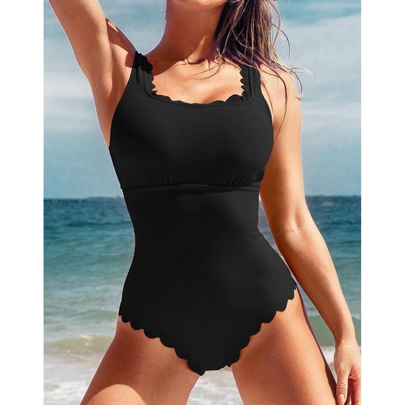 Charmo Womens Scalloped Ribbed One Piece Swimsuit,‎ Small - Picture 3 of 9